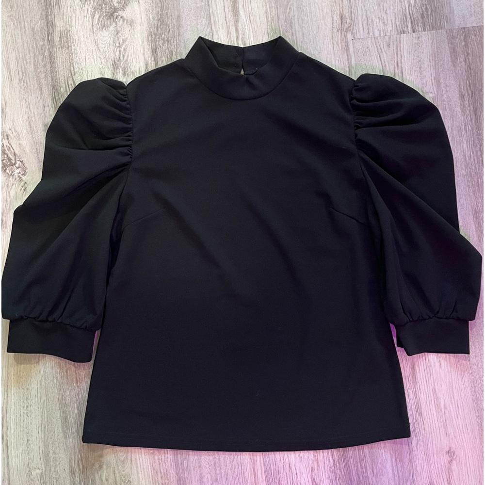 🖤Black Puff Sleeve Top Mock Neck Blouse Women LG Minimalist Statement Sleeve